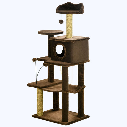 136cm Cat Tree for Indoor Cats, Modern Cat Tower with Scratching Posts, house, Platforms, Toy Ball - Brown