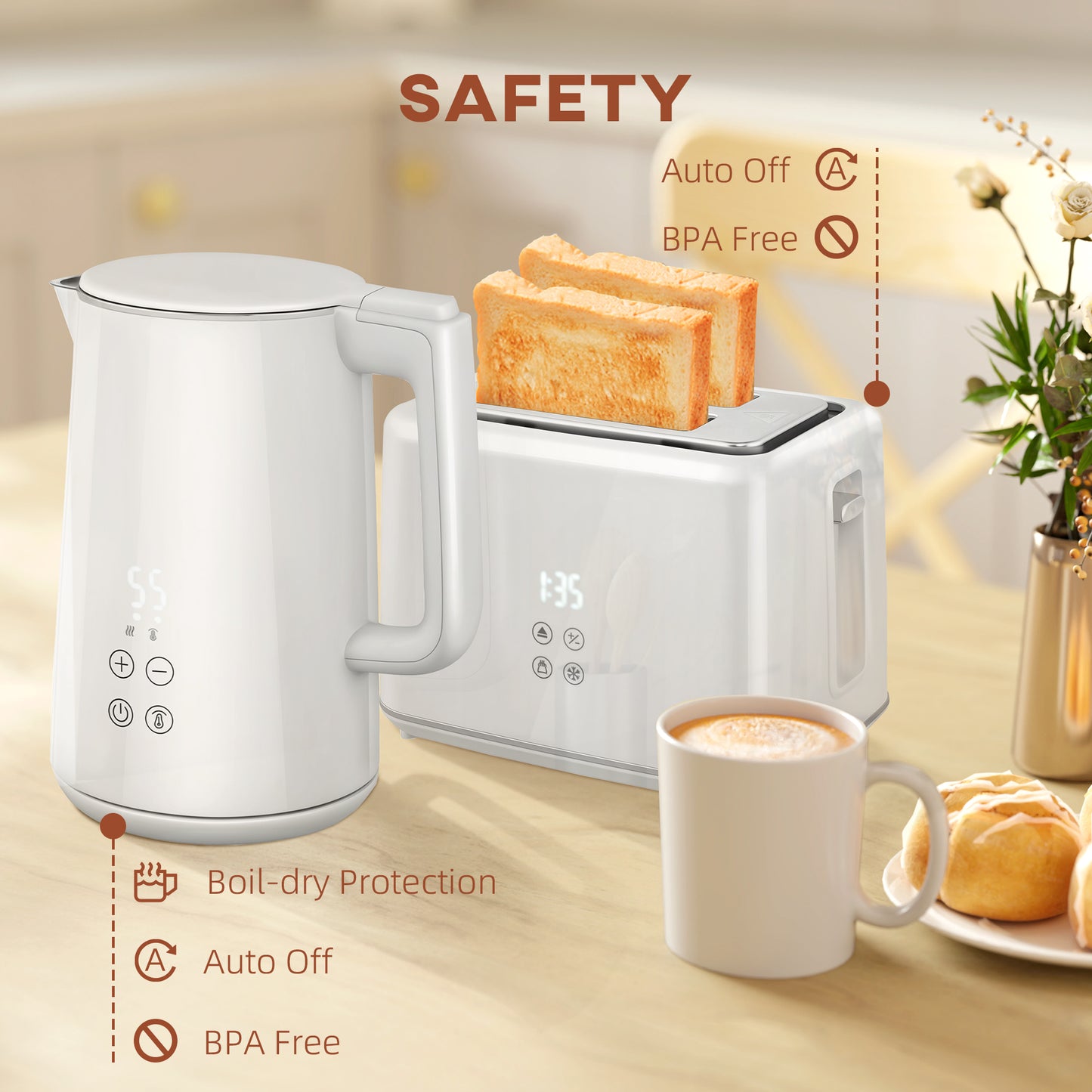 Kettle and Toaster Set, 1.5L 3000W Fast Boil Kettle with Insulation & 2 Slice Toaster Kitchen Set with 7 Level Browning Controls - Cream White