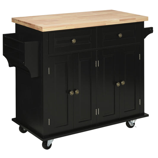 Rolling Kitchen Island Storage Trolley with Rubber Wood Top & Drawers for Dining Room, Black