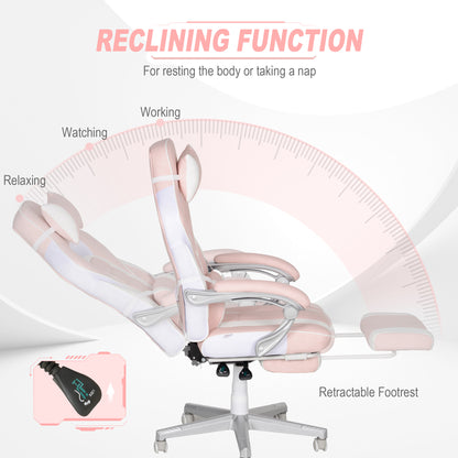 Faux Leather Reclining Gaming Chair, with Footrest - Pink/White