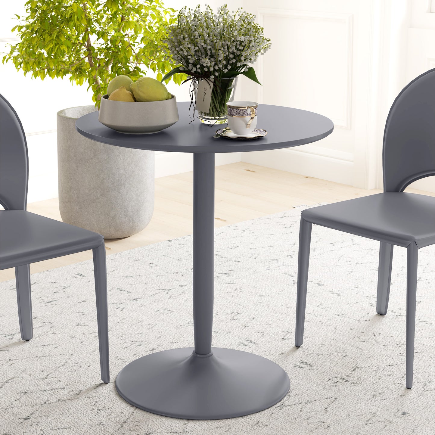 Round Dining Table, Modern Dining Room Table with Steel Base, Non-slip Foot Pad, Space Saving Small Dining Table, Grey