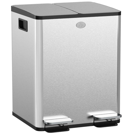 2 x 20L Pedal Bin, Steel Dual Kitchen Bin with Soft Close Lid, Removable Inner Buckets, Fingerprint-Proof, Silver