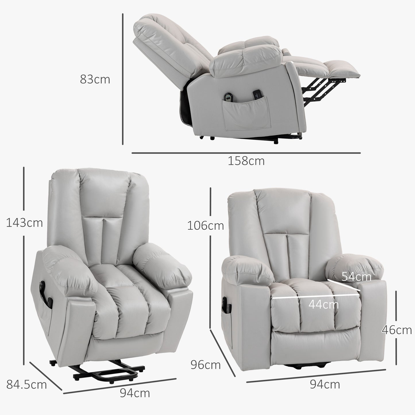 Lift Chair, Quick Assembly, Riser and Recliner Chair with Vibration Massage, Heat, Light Grey