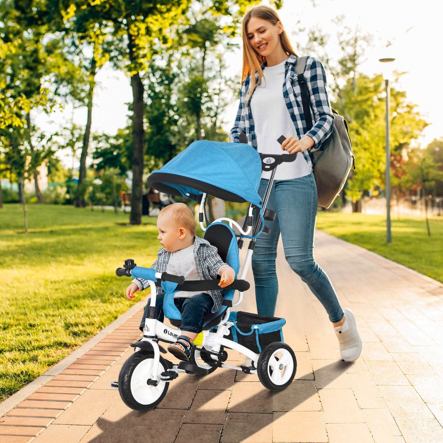 4 in 1 Kids Trike Push Bike w/ Push Handle, Canopy, 5-point Safety Belt, Storage, Footrest, Brake, for 1-5 Years, Blue