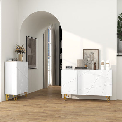 Storage Cabinet with High Gloss Front, Freestanding Sideboard W/ Adjustable Shelves, Soft-Close Doors and Gold Tone Hairpin Legs for Living Room - White