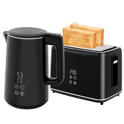 Kettle and 2 Slice Toaster Set, 1.5L 3000W Fast Boil Kettle with Insulation, Kitchen Set with 7 Level Browning Controls - Black