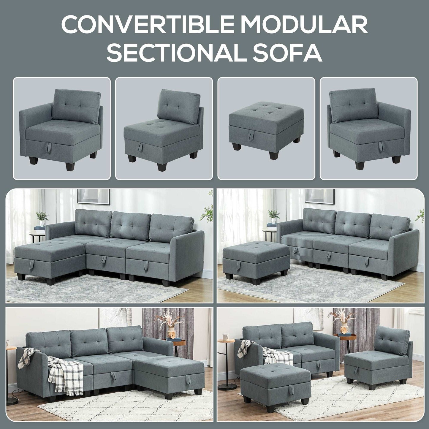 'L' Shape Modular Sofa, with Storage - Dark Grey