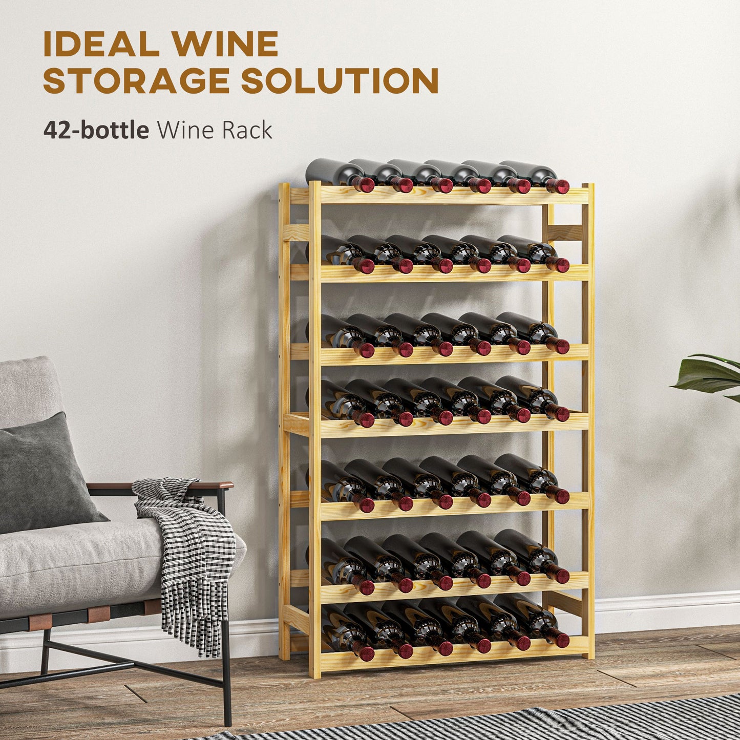 Pine Wood 42-Bottle Wooden Wine Rack - Natural Finish