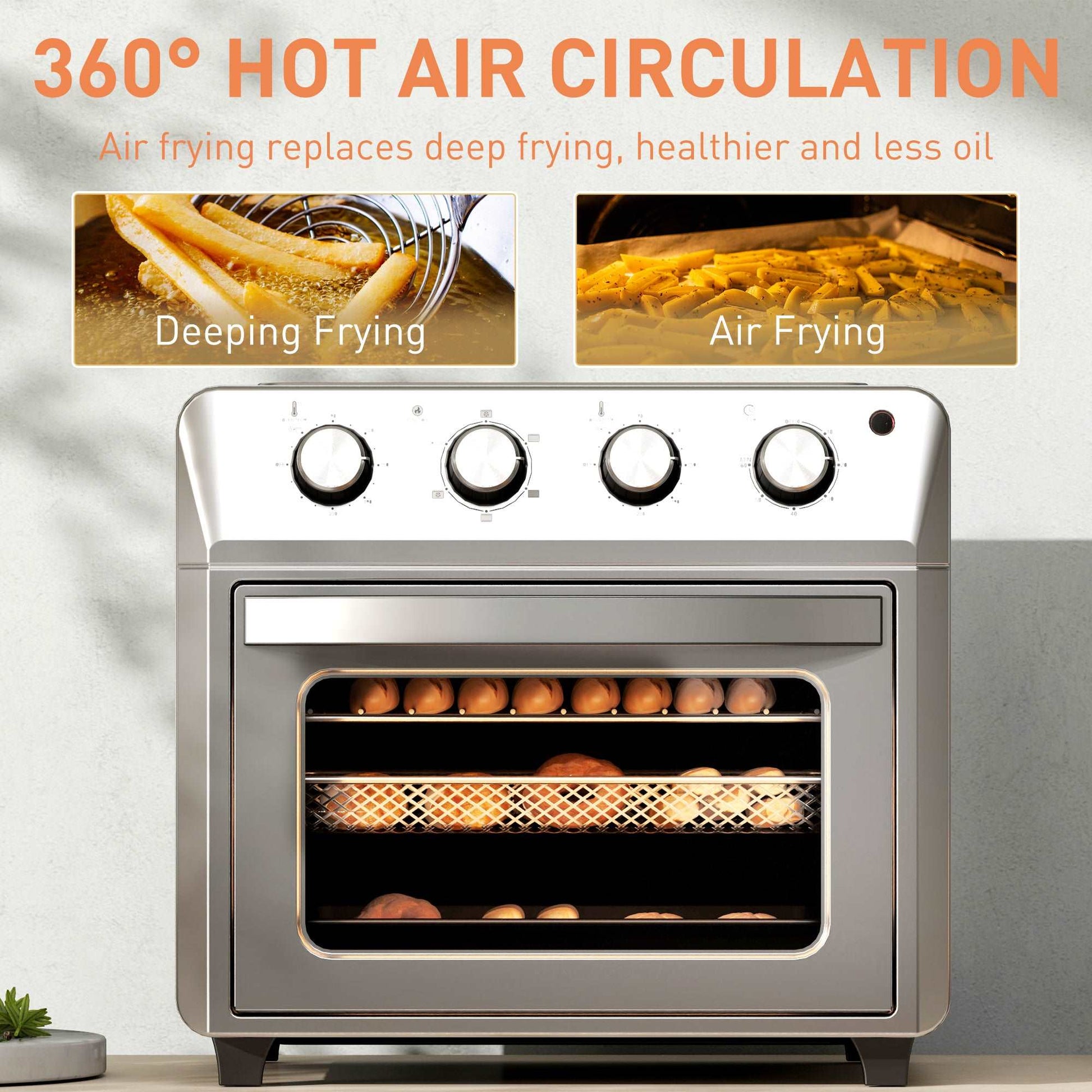 24L Air Fryer Oven, Mini Oven, Oil Free Cooking, Grill, Roast, Bake, with Adjustable Temperature, Timer, Touch Screen, 1600W, Silver