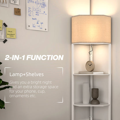 Corner Floor Lamp with Shelves, Tall Standing Lamps for Living Room, with Pull Chain Switch Bulb not Included, White