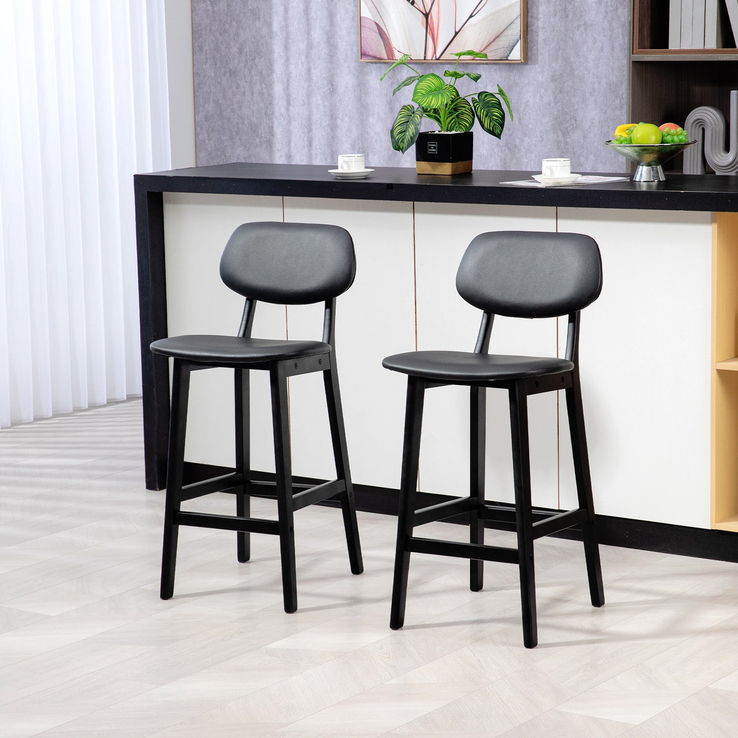 Bar Stools Set of 2, Modern Breakfast Bar Chairs, Faux Leather Upholstered Kitchen Stools with Backs and Wood Legs