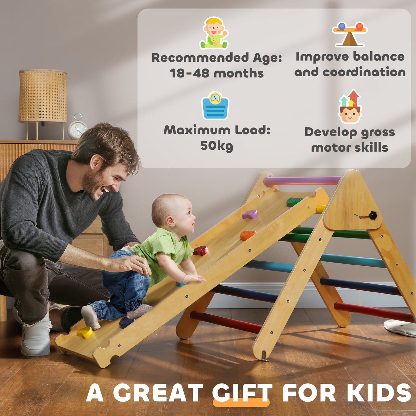 AIYAPLAY Toddler Climbing Frame for Kids with Ramp, 3 in 1 Wooden Pikler Triangle Set for 18-48 Months, Multicolour