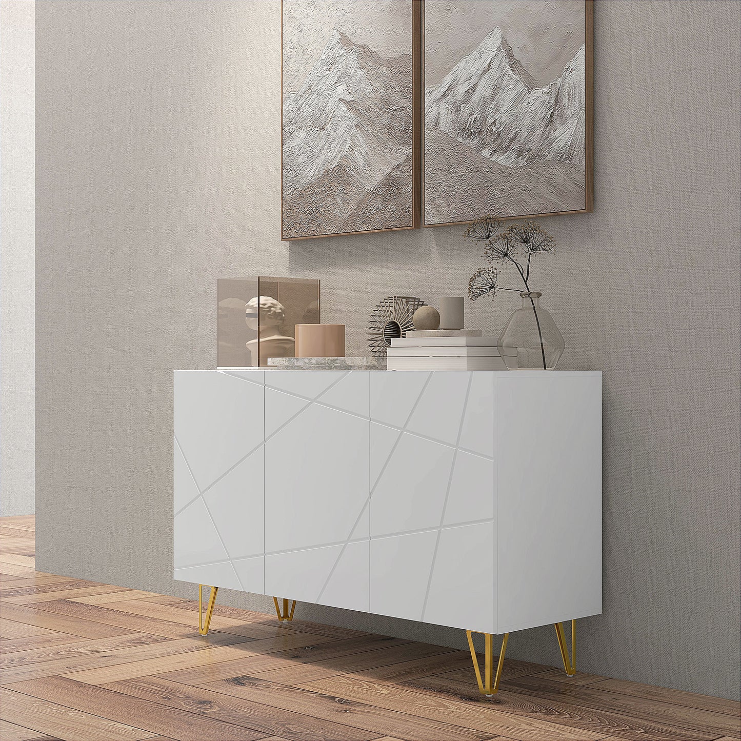 Storage Cabinet with High Gloss Front, Freestanding Sideboard W/ Adjustable Shelves, Soft-Close Doors and Gold Tone Hairpin Legs for Living Room - White