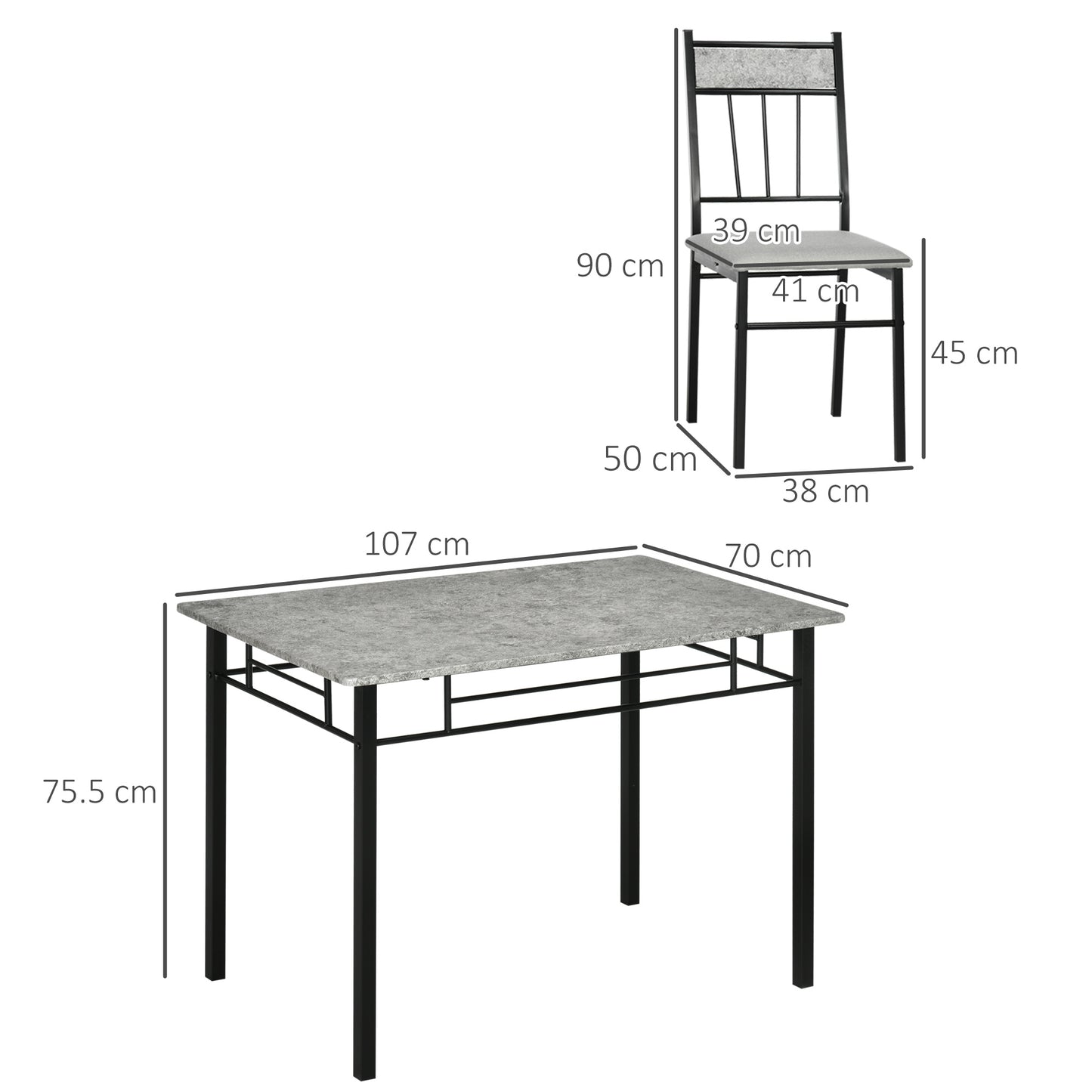 HOMCOM 5 Pieces Dining Room Sets, Modern Dining Table and Chairs Set 4 with Marble Effect Tabletop, Padded Kitchen Chairs and Metal Frame, Light Grey