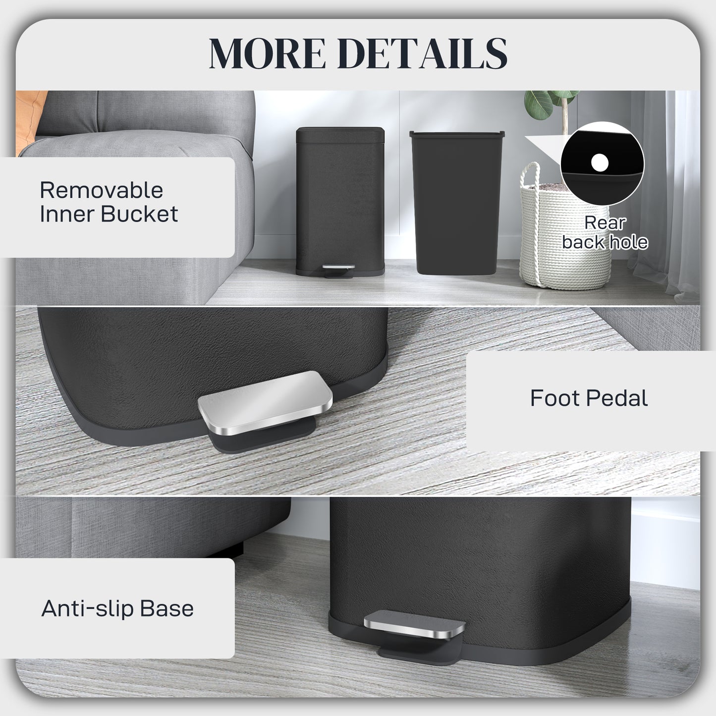 20L Modern Boxy Metal Home Kitchen Bin - Black