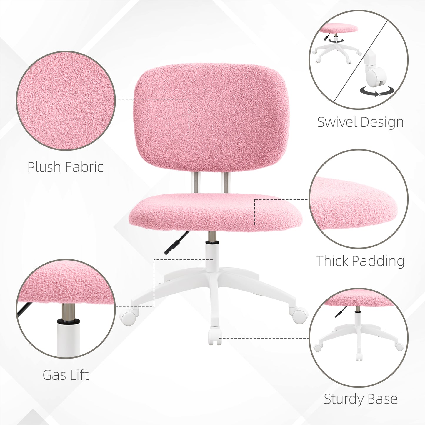 Vinsetto Cute Armless Office Chair Vanity Task Chair with Adjustable Height, Swivel Wheels, Mid Back, Pink