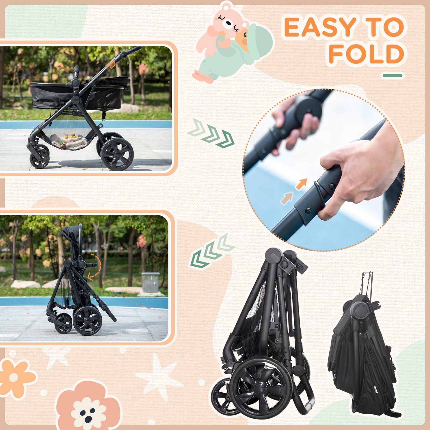 2 in 1 Lightweight Pushchair w/ Reversible Seat, Foldable Travel Baby Stroller w/ Fully Reclining From Birth to 3 Years, 5-point Harness Black