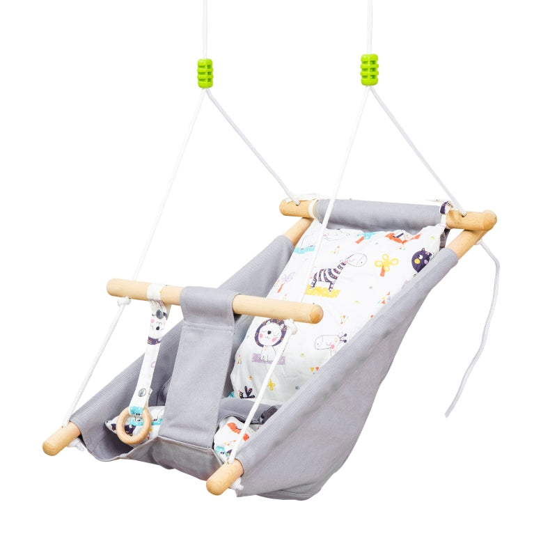 Outsunny Baby Swing Seat, Kids Hanging Hammock Chair, with Cotton-Padded Pillow, Wooden Frame, Indoor Use, for Ages 6-36 Months, Grey