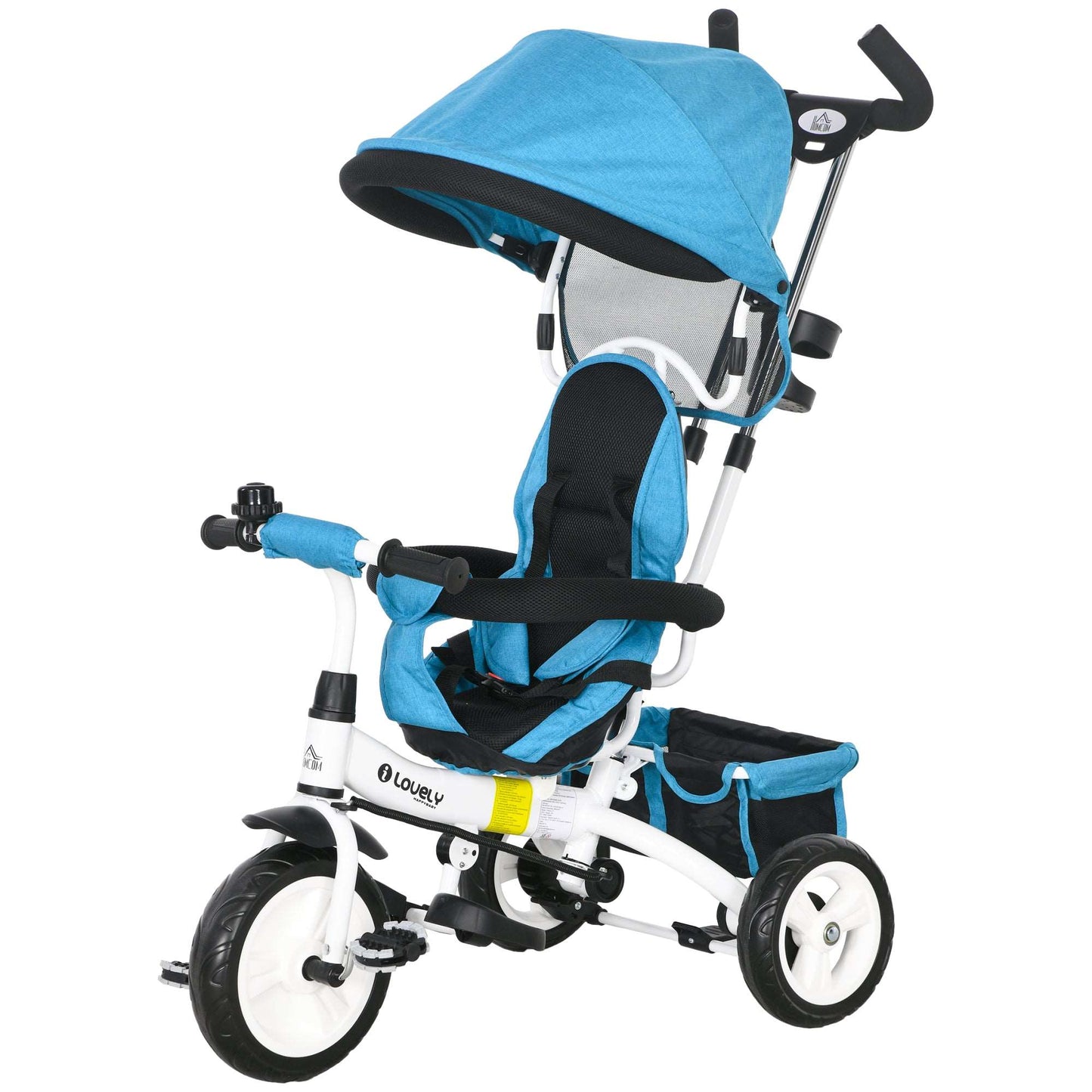 4 in 1 Kids Trike Push Bike w/ Push Handle, Canopy, 5-point Safety Belt, Storage, Footrest, Brake, for 1-5 Years, Blue