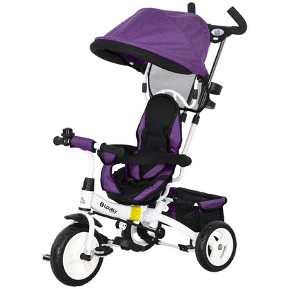 4 in 1 Kids Trike Push Bike w/ Push Handle, Canopy, 5-point Safety Belt, Storage, Footrest, Brake, for 1-5 Years, Purple