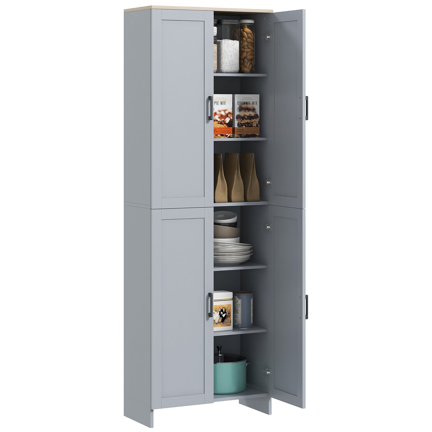 Freestanding Kitchen Cupboard, 4-Door Storage Cabinet Organizer with Adjustable Shelves Grey