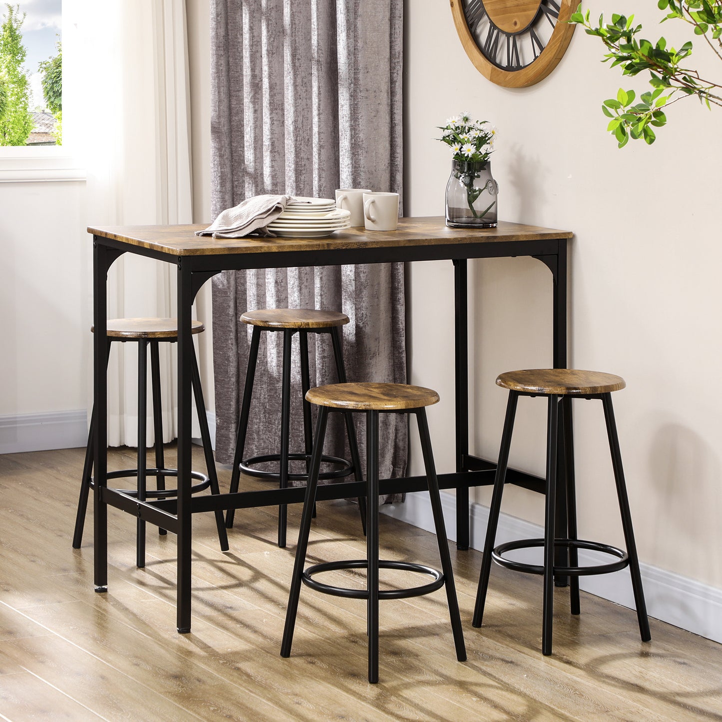 Five-Piece Industrial-Style Breakfast Bar Table Set - Brown/Black