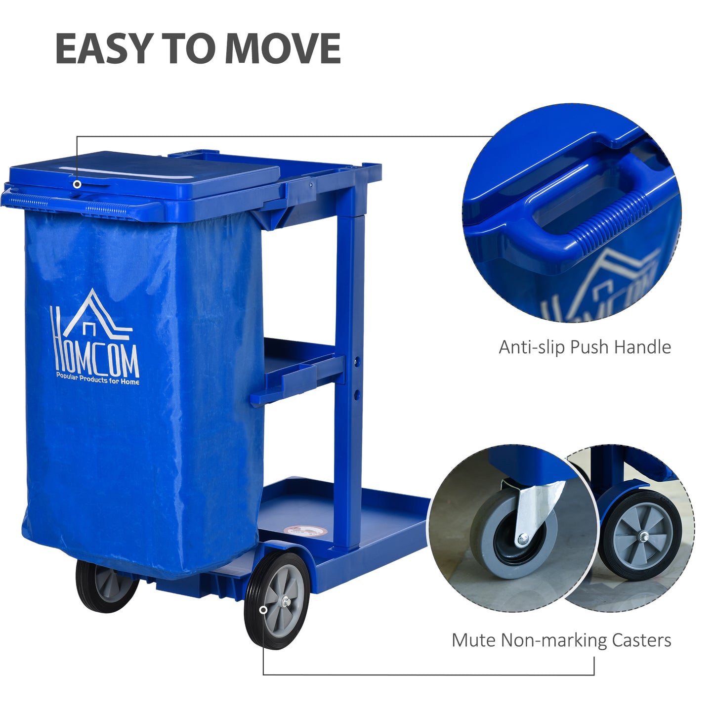 Cleaning Carts On Wheels, Janitorial Trolley W/ 3 Tier Shelves, Housekeeping Utility Service Unit W/ Rubbish Bag Mop Mount for Hotel, Office, Blue