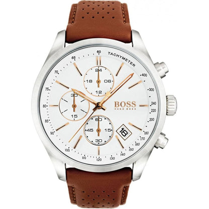 Hugo Boss Mens Grand Prix Wrist Watch White Dial & Brown Strap HB1513475