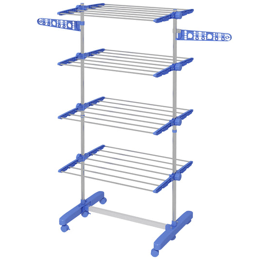 4-Tier Clothes Airer, Foldable Clothes Drying Rack, Indoor And Outdoor Clothes Dryer With Wheels and Wings, 142 x 55 x 172cm, Blue