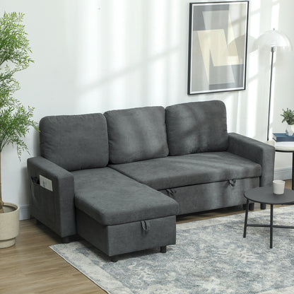 Sofa Bed with Storage, Convertible L Shaped Corner Sofa Bed, 3 Seater Pull Out Couch, Side Pockets for Living Room, Small Spaces, Charcoal Grey