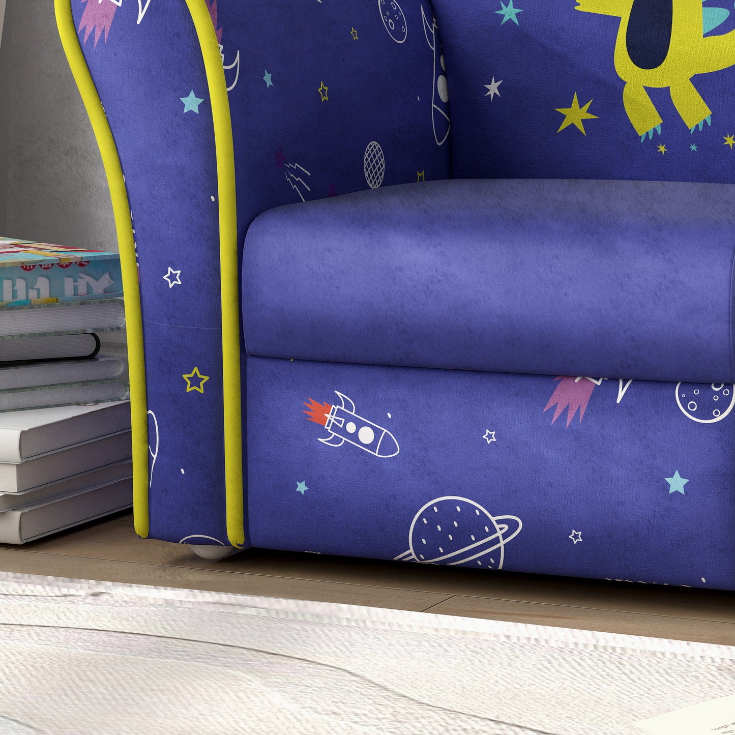 AIYAPLAY Kids Armchair with Planet Dinosaurs Design, Wooden Frame, for Bedroom, Playroom, Kids Room - Blue