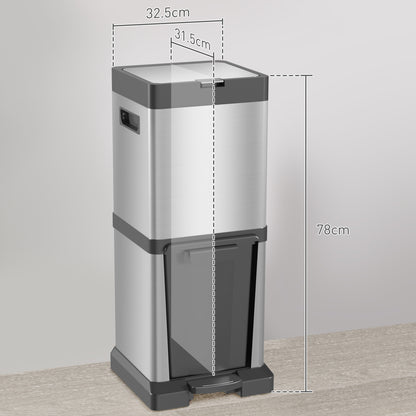 Dual Kitchen Bin, 20+14L Double Bin for Recycling and Waste, Stainless Steel Vertical Pedal Bin with Tilt Out Bin, Soft-Close Lid