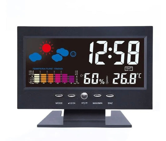 LCD Colour Screen Digital Backlight Snooze Alarm Clock Weather Forecast Station Indoor Temperature Humidity Time Date Display With Alerts For Home Office Room Table Desktop