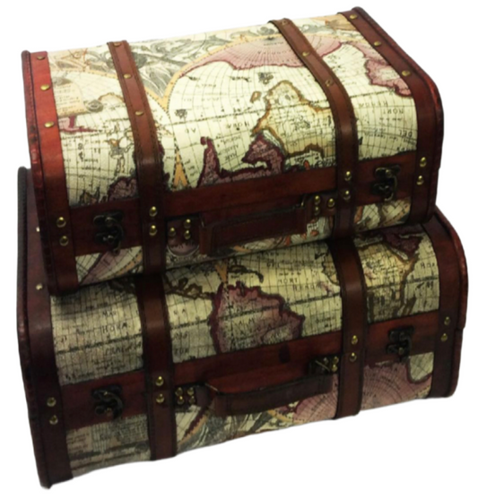 Pair Of Traditional Vintage Antique Classic Looking Map Style Suitcases Cases Storage Boxes