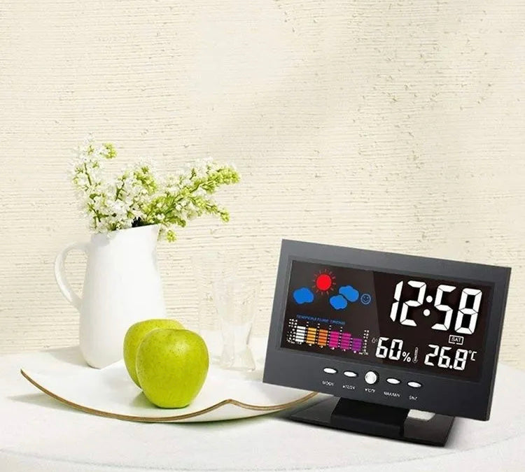 LCD Colour Screen Digital Backlight Snooze Alarm Clock Weather Forecast Station Indoor Temperature Humidity Time Date Display With Alerts For Home Office Room Table Desktop