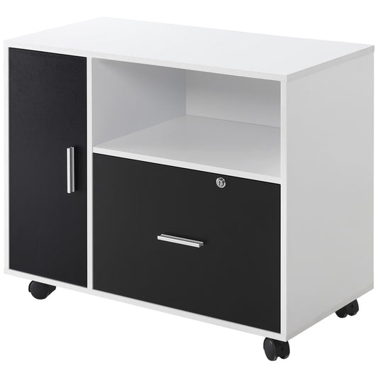 Filing Cabinet with Lockable Drawer, Mobile File Cabinet with 4 Wheels and Shelf, Printer Stand for Hanging A4 and Letter Sized Files, Home Office, Black and White