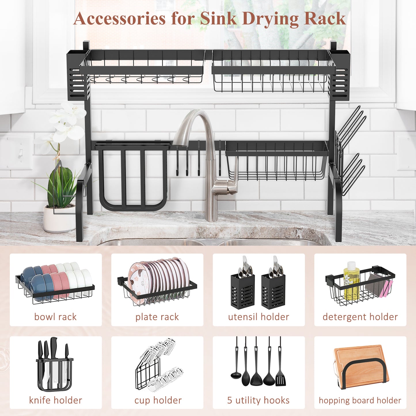 65cm Over The Sink Dish Drainer Rack, 2 Tier Dish Rack for Kitchen Counter, Space Saving Dish Drying Rack, Black