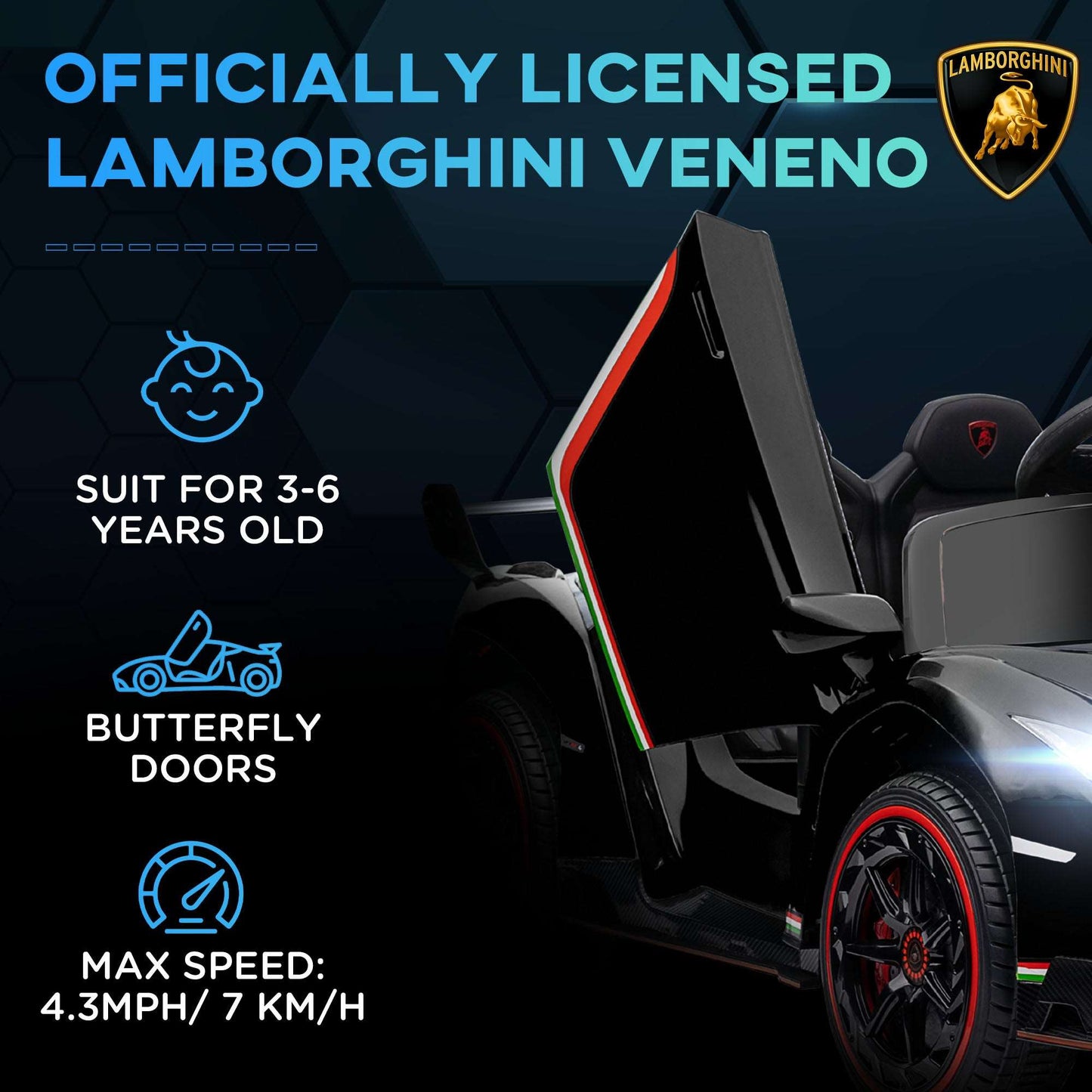 12 Volt Lamborghini Veneno Licensed Kids Electric Ride on Car With Portable Battery, Powered Electric Car w/ Bluetooth, Remote, for Aged 3-6, Black