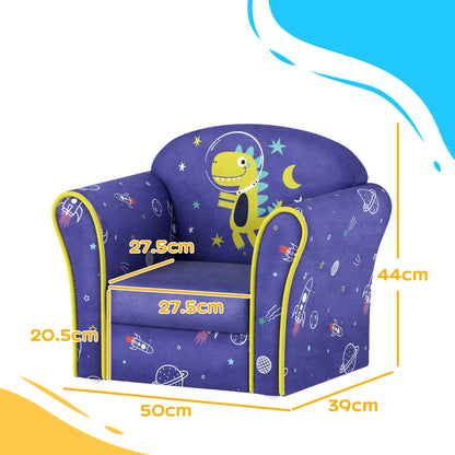 AIYAPLAY Kids Armchair with Planet Dinosaurs Design, Wooden Frame, for Bedroom, Playroom, Kids Room - Blue