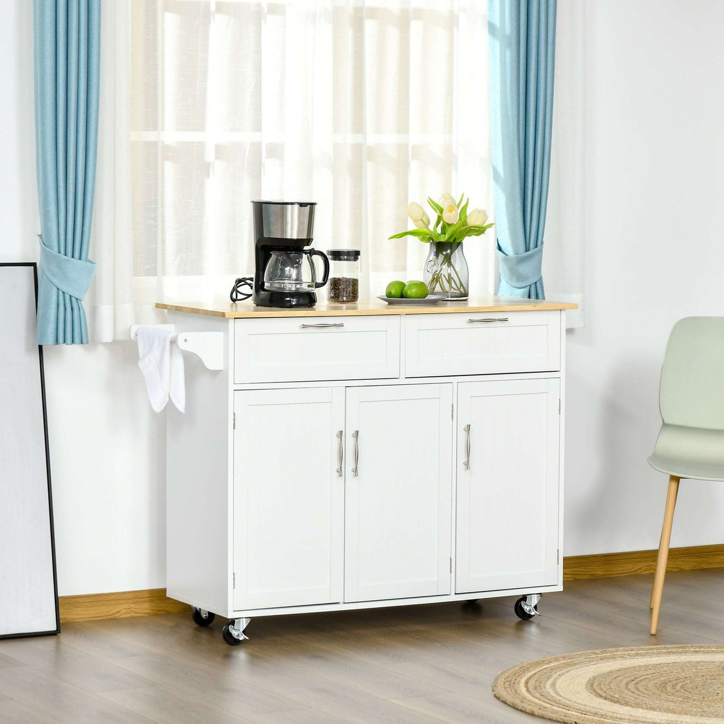 Kitchen Island Utility Cart, with 2 Storage Drawers & Cabinets for Dining Room, White