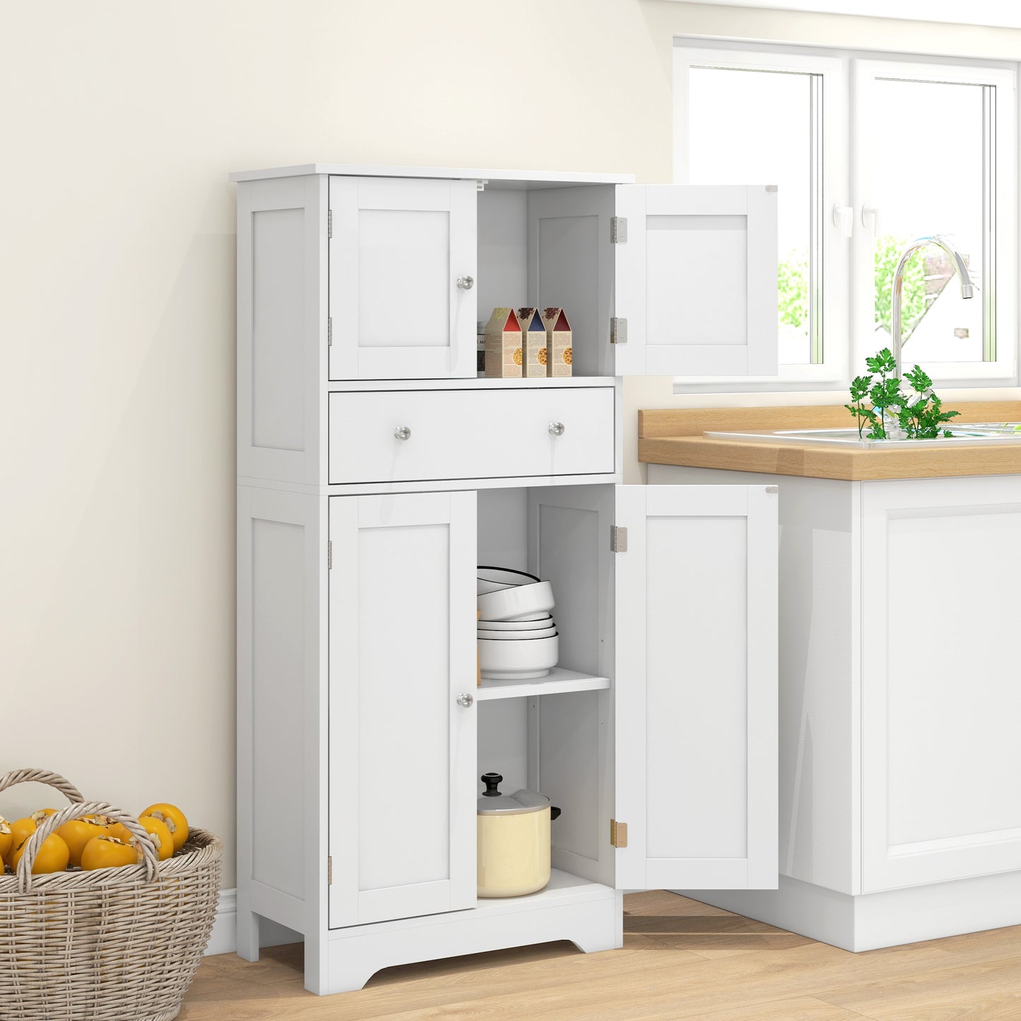 Kitchen Cupboard, Modern Freestanding Kitchen Storage Cabinet with Doors and Shelves, Kitchen Cabinet with Drawer and Adjustable Shelf, White