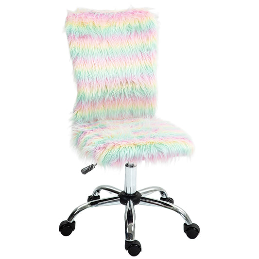 Armless Computer Desk Chair, Fluffy Fabric Swivel Office Chair, Makeup Vanity Chair with Height Adjustable, Wheels, Unicorn Tone