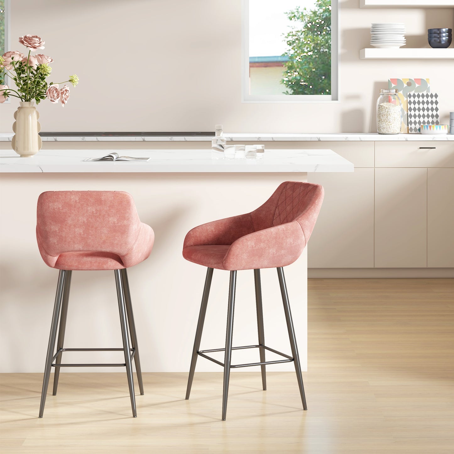 Retro Style Set of Two Velvet-Feel Bar Stools - Pink