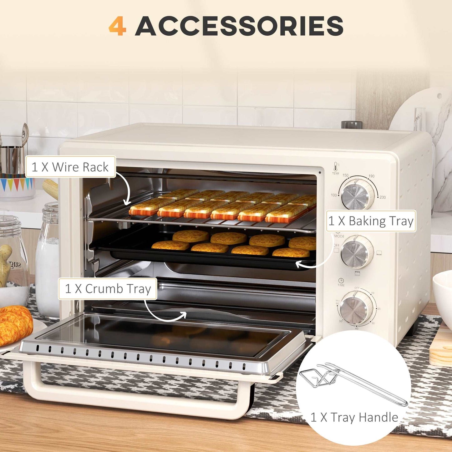 1400W Mini Oven, 21L Countertop Electric Grill, Toaster Oven with Adjustable Temperature, Timer, Baking Tray and Wire Rack - Cream