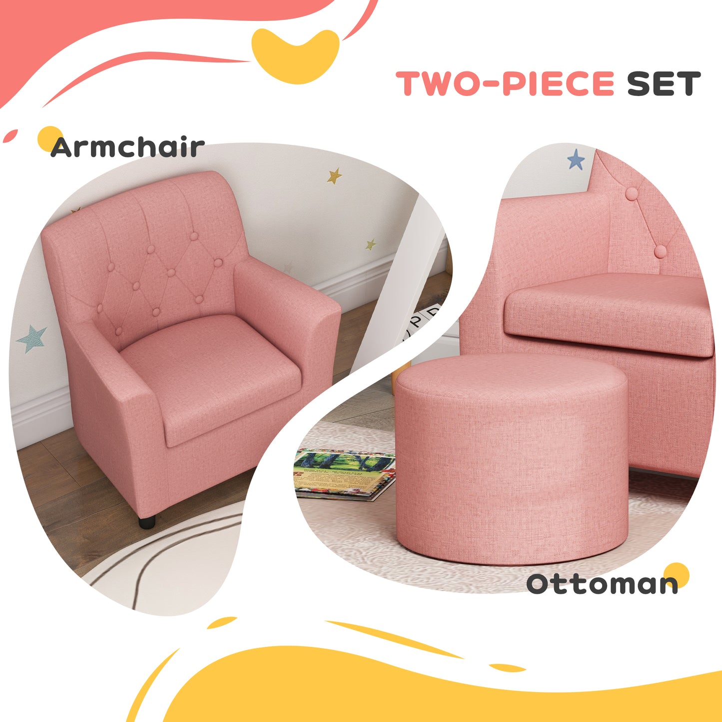 AIYAPLAY 2 Piece Kids Sofa Set with Footrest, for Playroom, Bedroom, Pink