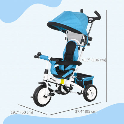 4 in 1 Kids Trike Push Bike w/ Push Handle, Canopy, 5-point Safety Belt, Storage, Footrest, Brake, for 1-5 Years, Blue