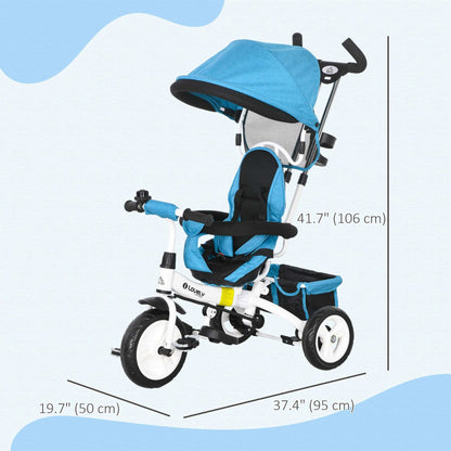 4 in 1 Kids Trike Push Bike w/ Push Handle, Canopy, 5-point Safety Belt, Storage, Footrest, Brake, for 1-5 Years, Blue