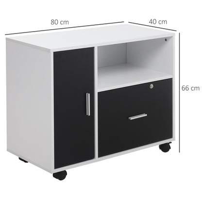 Filing Cabinet with Lockable Drawer, Mobile File Cabinet with 4 Wheels and Shelf, Printer Stand for Hanging A4 and Letter Sized Files, Home Office, Black and White