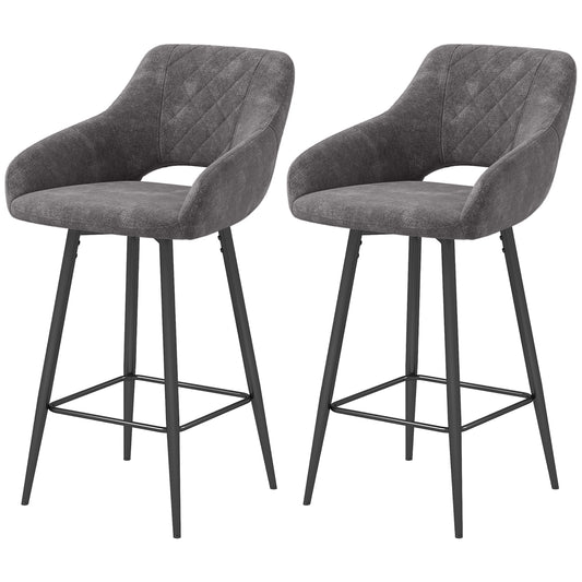 Retro Style Set of Two Velvet-Feel Bar Stools - Grey