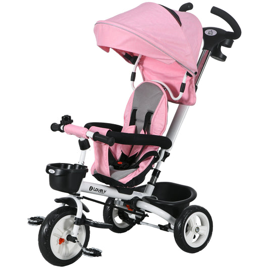 HOMCOM Metal Frame 4 in 1 Baby Push Tricycle with Parent Handle for 1-5 Years Old, Pink